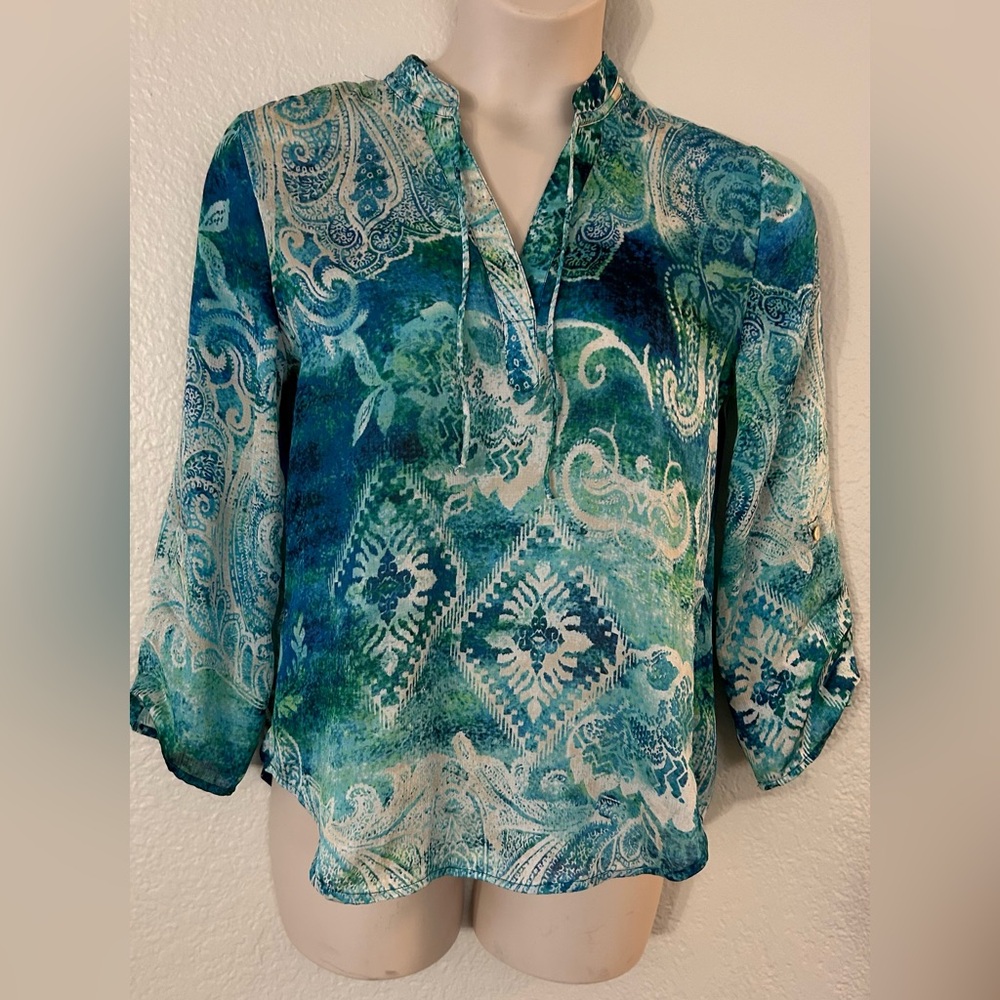 CHICO’S Shirt, SIZE 1, COLOR Blue and White,
